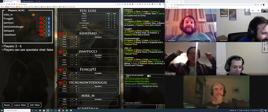 A screenshot of former colleagues and I playing the online board game Dominion